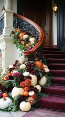Fototapeta premium Cascading display of small orange and white pumpkins on a grand staircase, accented with burgundy flowers and dark green ivy.