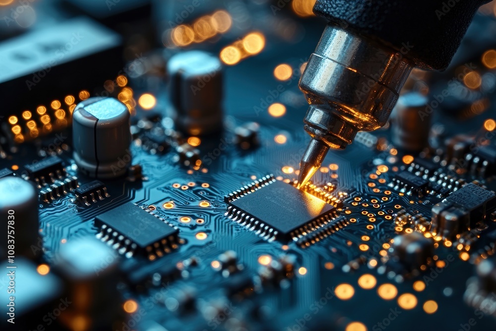Poster close-up of soldering iron applying solder to a circuit board