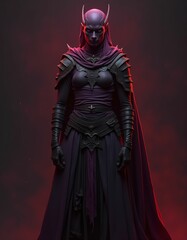 Fototapeta premium a fantasy and fictional medieval warrior with very smooth body lines and a very smooth face, dark colors, red, purple, realistic, detailed