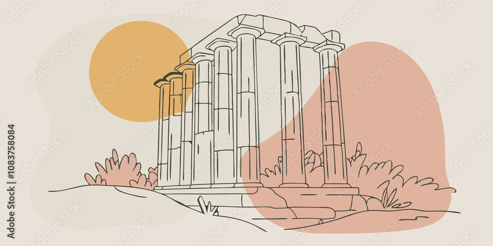 Aufkleber Moonlit Temple A weathered stone structure with tall crumbling columns surrounded by lush greenery. The full moon casts a silvery light on the smooth stones creating a serene