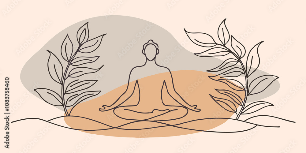 Poster Nature Connection A figure sits peacefully on a gentle hill surrounded by soft curving lines that mimic the movement of leaves in a light breeze. The lines represent their breath