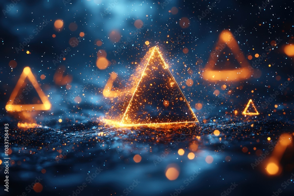 Poster Glowing Triangle Shape with Abstract Bokeh Lights