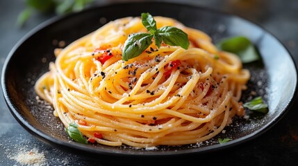 A delicious plate of spaghetti garnished with basil and spices.