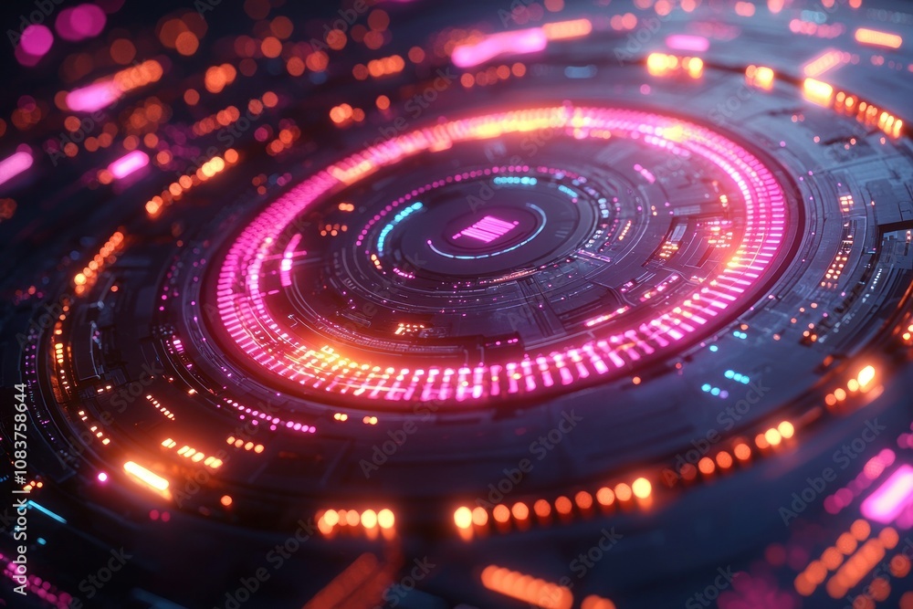 Poster abstract circular technology interface with pink and orange lights