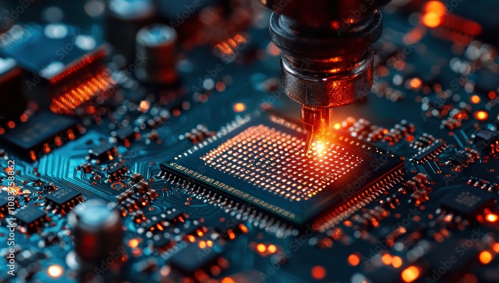 Aufkleber close-up of a microchip being soldered onto a circuit board