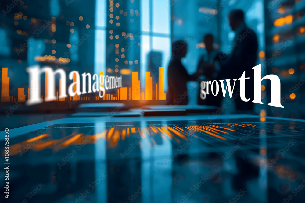 Poster a modern office environment highlighting themes of management and growth through innovative data vis