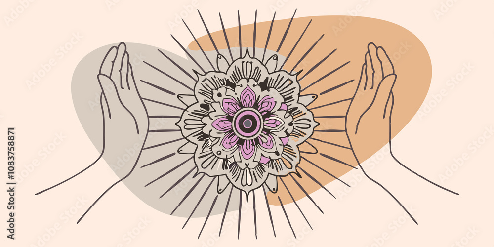 Poster peaceful position a pair of hands forms a gentle open palm mudra resting centrally beneath a swirlin
