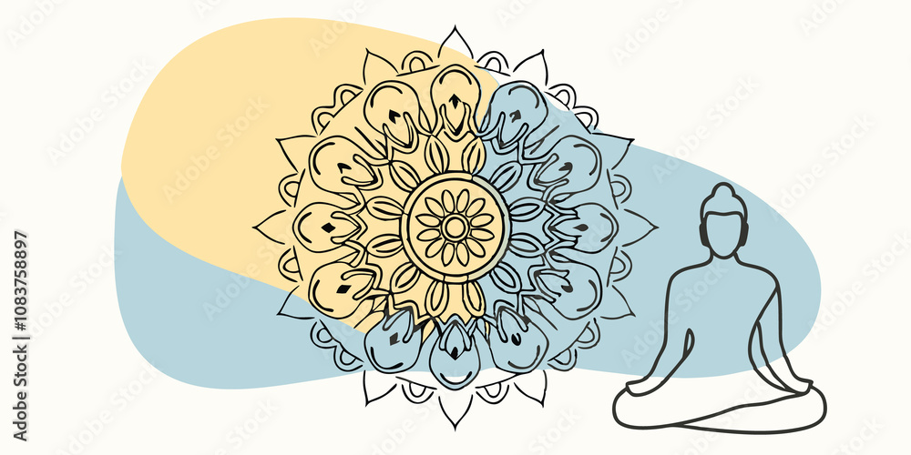 Poster Peaceful Oasis A serene figure sits crosslegged surrounded by a large intricate mandala. Soft pastel colors emanate from the mandala creating gentle light patterns that flow