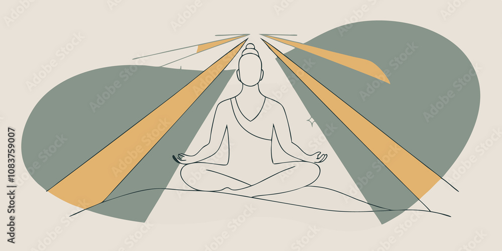 Poster radiant aura a serene figure sits crosslegged on a gentle hill eyes closed with beams of golden ligh