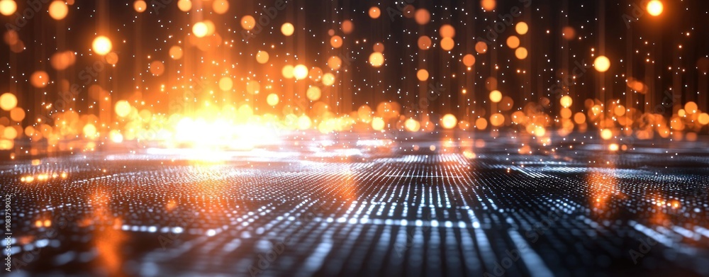 Aufkleber Abstract Digital Grid with Glowing Orange Lights and Bokeh Effects