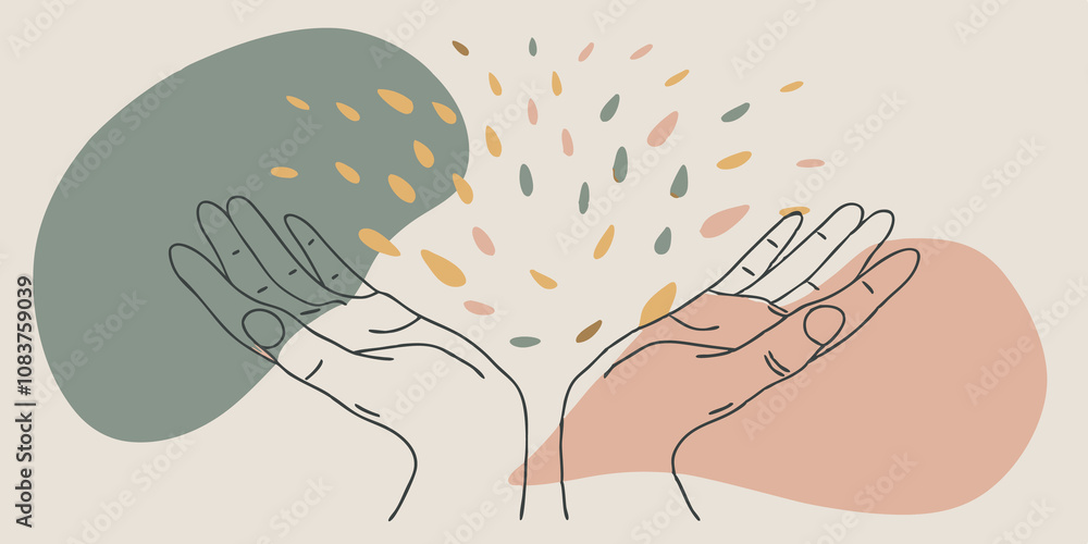 Poster Radiant Blessing Illustrated hands open and outstretched catch a cascade of colorful light droplets resembling confetti. Each droplet sparkles as it falls creating an atmosphere of