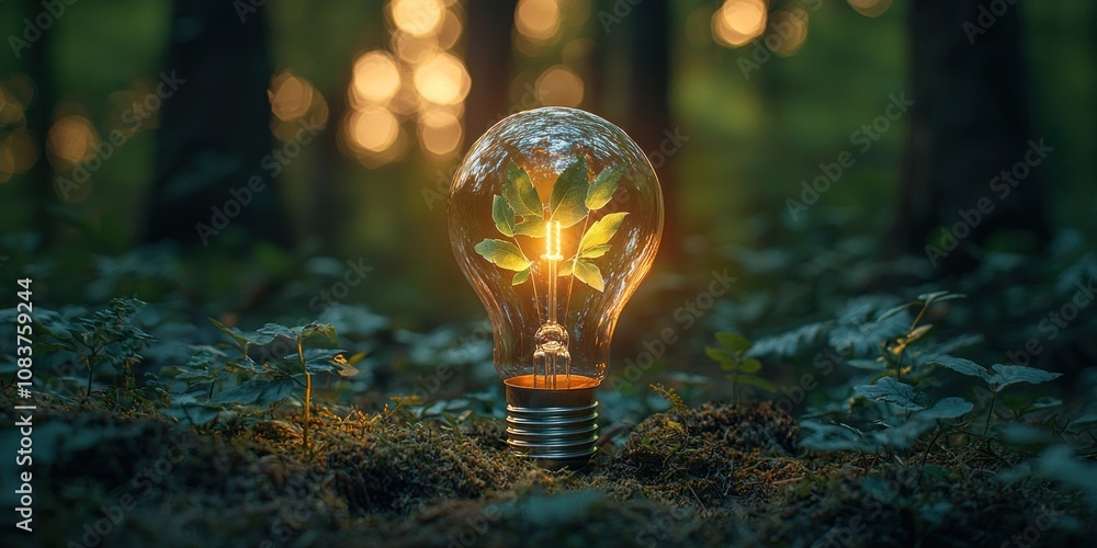 Poster a lightbulb containing a plant, illuminated in a forest