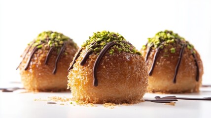 Dubai Chocolate Kunafa Pistachio on white background,Dubai Chocolate bar with green kadayif and pistachio spread,popular and viral chocolate 2024,space for text.