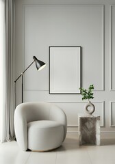 An empty or blank poster frame above the armchair on the white colour wall in the living room 3d illustration image.