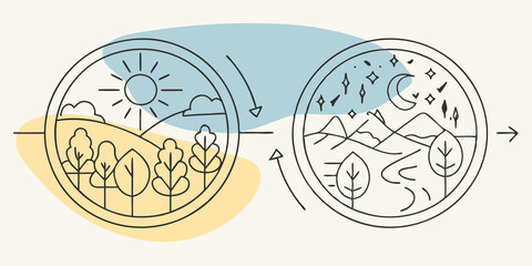 Fototapeta premium Seasonal Change Depictions Around the figure scenes representing different seasons are illustratedlush summer solar energy on one side tranquil autumn nights lunar energy on the