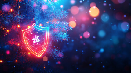 Abstract Cybersecurity with Christmas Elements and Festive Lights