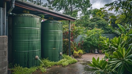 A row of rainwater storage tanks is lined up outside the room
