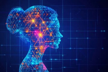 Obraz premium Female silhouette glowing with interwoven golden neural pathways on a blue grid background symbolizing intelligence innovation and cognitive development
