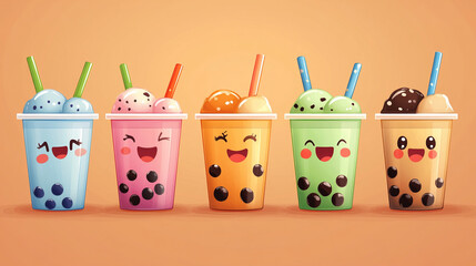 Colorful bubble tea cups with smiling faces and ice cream on a bright background