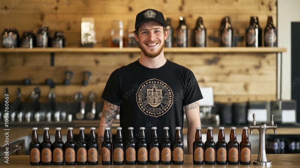 Aufkleber a smiling man stands behind a bar with various bottles of beverages on display.