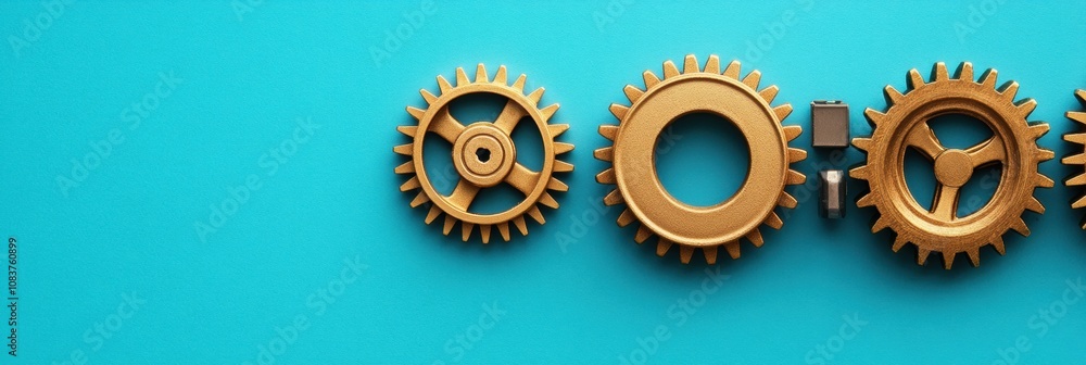 Aufkleber golden gears align beside a microprocessor on a bright turquoise surface, highlighting the intersect