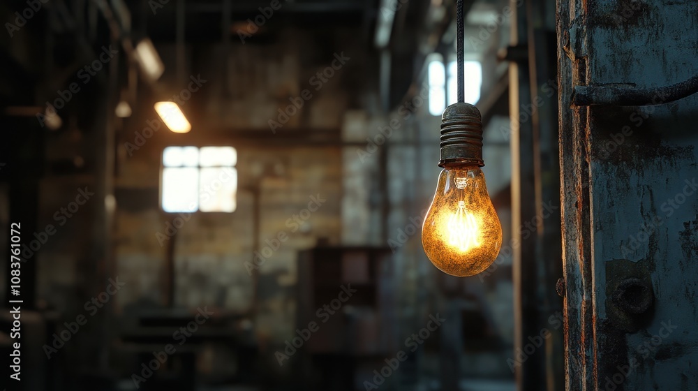Poster glowing vintage light bulb hanging in an industrial workspace with rustic background and soft warm l