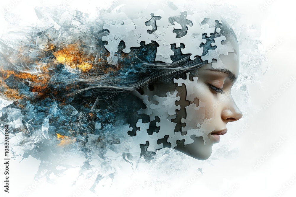 Aufkleber ethereal profile of a woman merging with fragmented puzzle pieces and misty textures symbolizing int