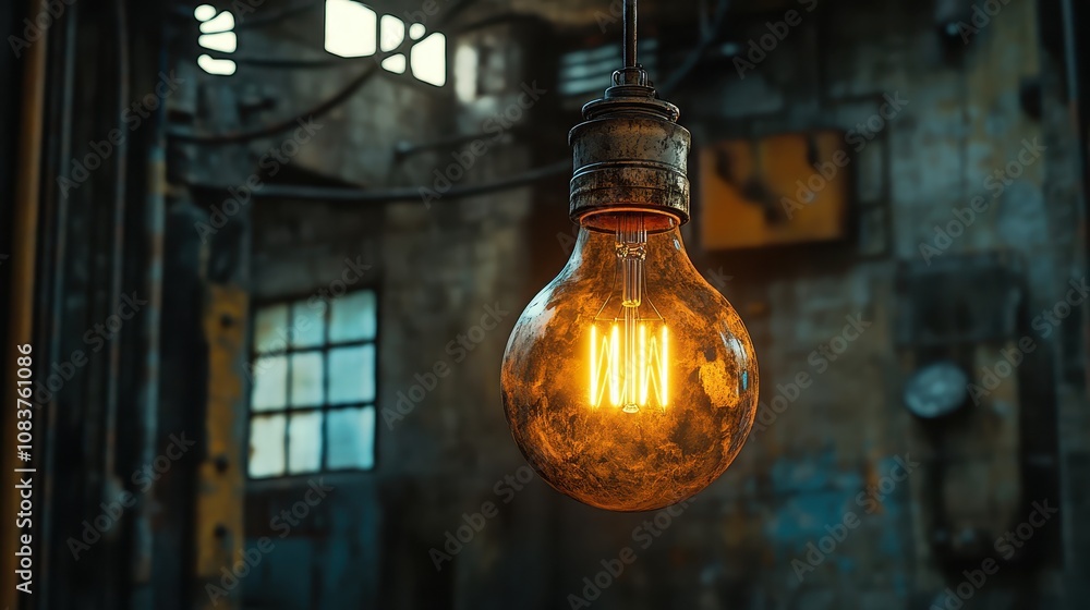 Poster vintage light bulb hanging in an industrial setting with warm glow illuminating rustic surroundings 