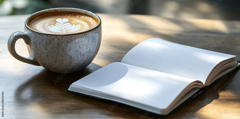 Poster a cozy scene featuring a latte and an open notebook on a wooden table.