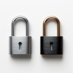 Naklejka premium Two distinct padlocks, one silver and one gold, sit side by side on a white surface, This image symbolizes security and can be used in contexts related to protection, privacy, and safety,