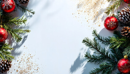 Festive Christmas Background with Pine Branches, Red Baubles, and Pinecones – Elegant Holiday Design for Seasonal Themes