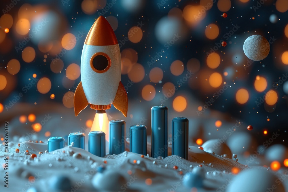 Poster Rocket Launching Over Bar Graph in Space With Abstract Background