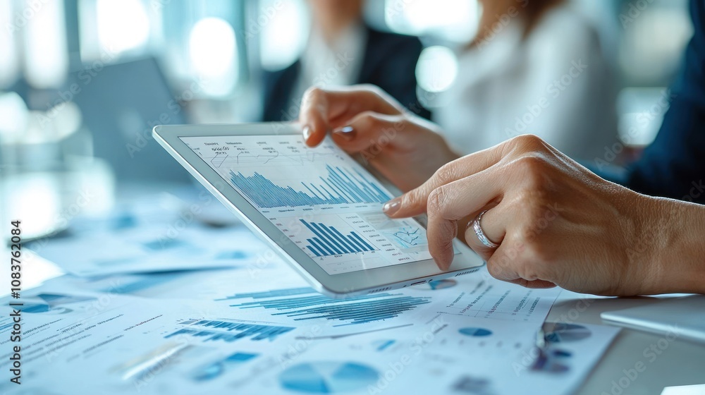 Poster Closeup of Hand Analyzing Charts on a Tablet Computer