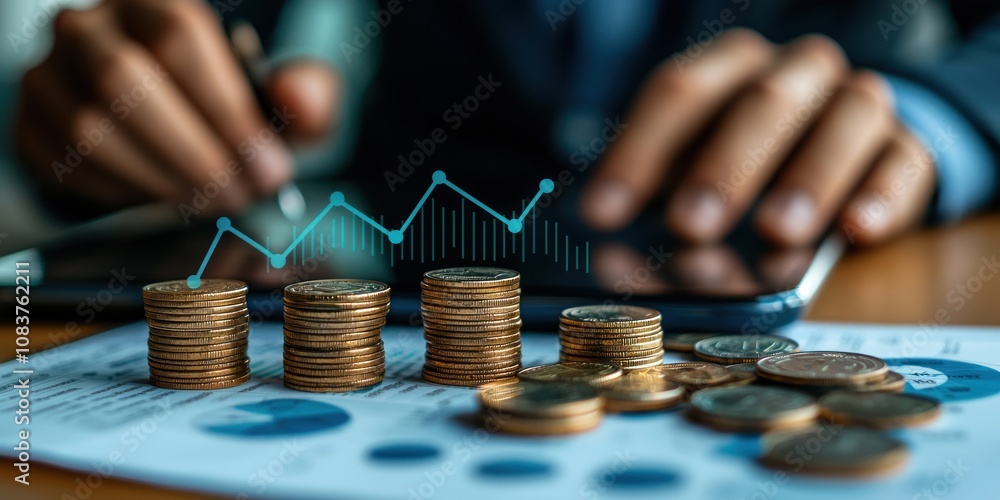 Poster stacks of coins with upward trend graph on financial documents