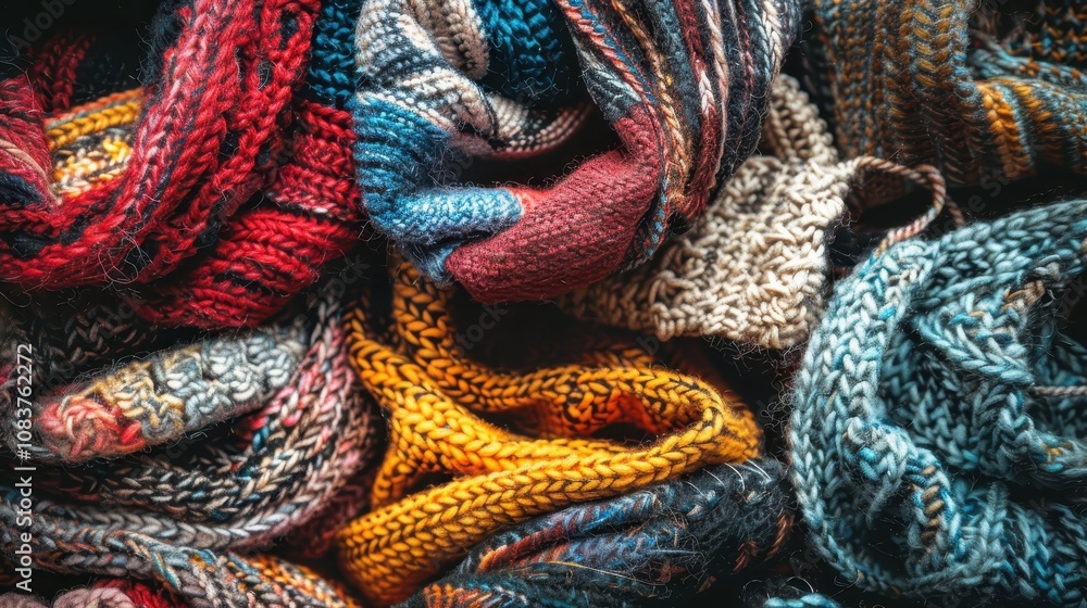 Poster colorful knitted scarves in a cozy textile arrangement with varied patterns and textures creating a 