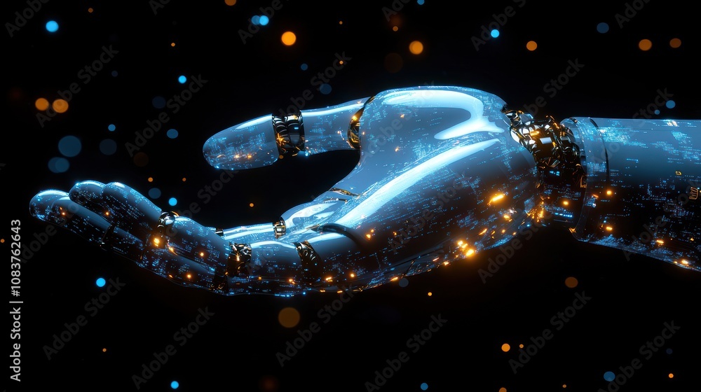 Poster A Metallic Robotic Hand with Circuitry and Glowing Lights