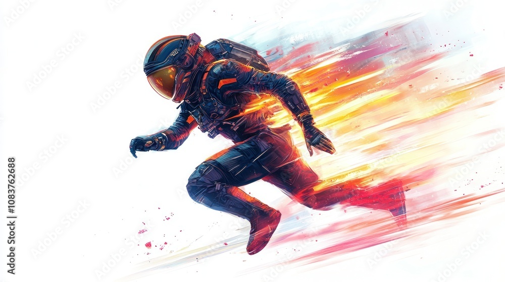Poster a dynamic astronaut sprinting through a vibrant, fiery background, symbolizing adventure.
