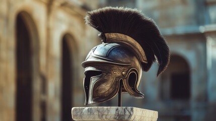 Fototapeta premium A Detailed Close-Up of a Roman Gladiator Helmet with a Plume Displayed on a Marble Base Against an Ancient Architecture Background