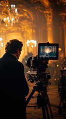 Fototapeta premium Director filming a grand ballroom scene with ornate chandeliers, emphasizing elegance and artistry in cinematic storytelling.