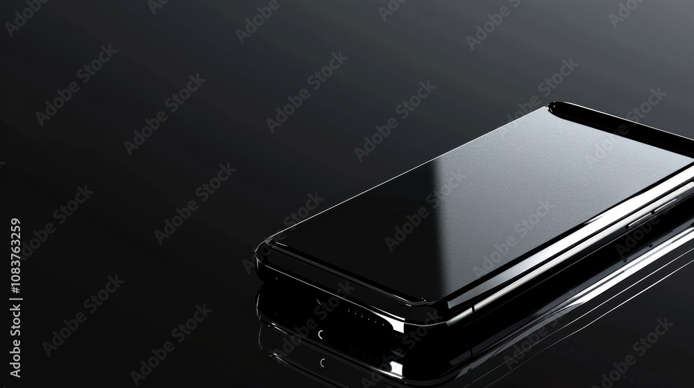 Poster Sleek Black Smartphone Resting Elegantly on Reflective Surface with Soft Lighting, Showcasing Modern Design and Minimalist Aesthetic in a Dark Setting