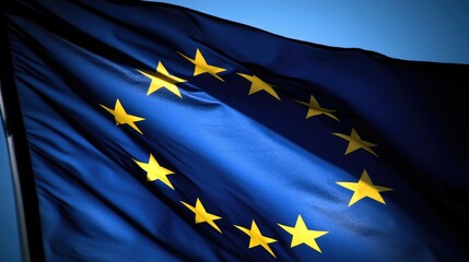 European Union Flag in Detail &ndash; A Circle of Golden Stars on Blue, Symbolizing Unity and Cooperation of EU Member States, Ideal for Political and Educational Use