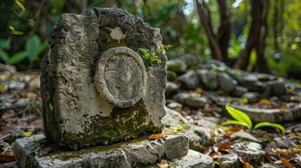 Ancient Stone Artifact Overgrown with Moss Residing in Lush Green Forest Surrounded by Nature Amidst Mysterious Lost Civilization Remnants