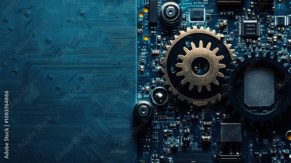 Poster detailed close-up showcases brass gears intricately placed next to a microprocessor, highlighting mo
