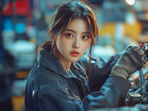 Female mechanic with a wrench fixing a car engine, wearing coveralls and gloves, with tools neatly organized around her
