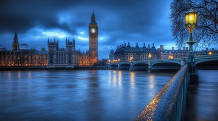 Fototapeta premium Stunning Night View of Big Ben and the Houses of Parliament Reflected in the River Thames, Captured in Moody Blue Tones Under Dramatic Cloudy Skies
