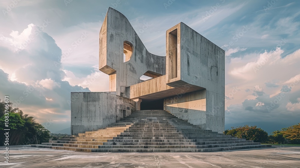Poster abstract concrete structure surrounded by nature with dramatic cloudy sky and architectural elements
