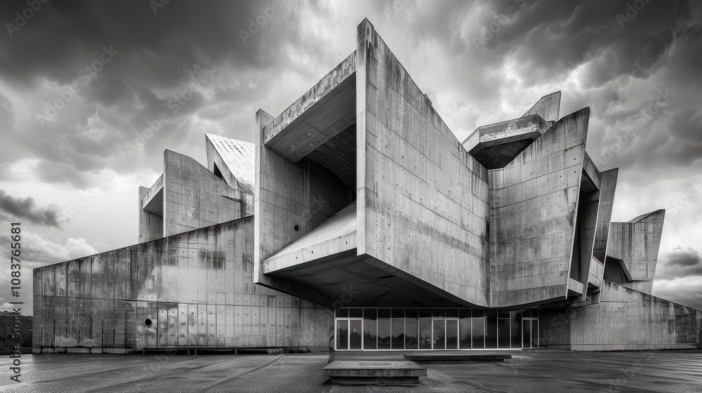 Poster abstract architecture in monochrome: a dramatic view of a unique concrete structure against an overc