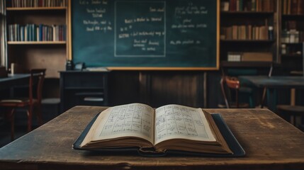 Open textbook lies on a wooden desk in the foreground with a blackboard covered in various mathematical diagrams.
