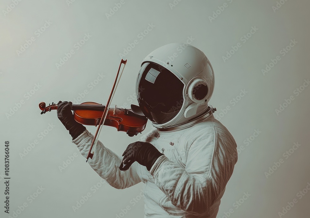 Poster An astronaut in a spacesuit playing a violin against a neutral background.