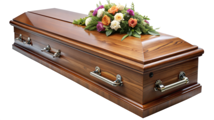 Elegant wooden casket adorned with vibrant floral arrangement isilated on a transparent background